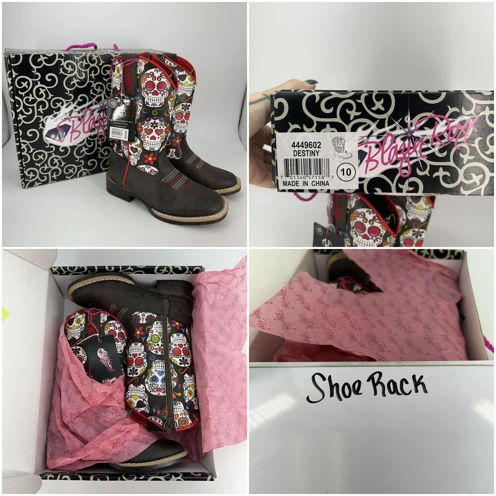 Blazin Roxx Boots Kids Size 10 Destiny Sugar Skull Western Zip Slip Resistant